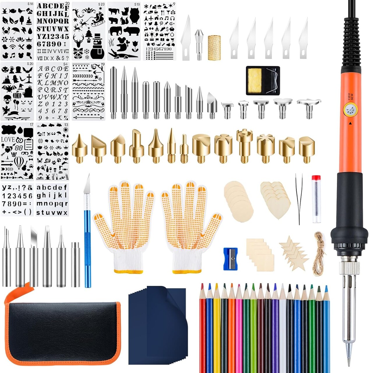 Wood Burning Kit for Adults with Gloves, 130pcs Wood Burning Pen Tool Set with Adjustable Temperature 200~450 °C Switch Pyrography Pen Kit for Embossing Carving Soldering